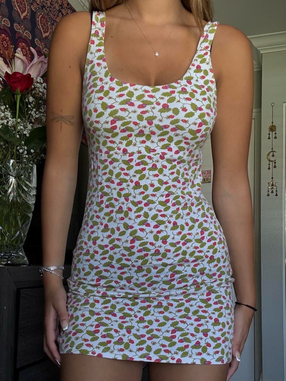 Brandy Melville White Tank Mini Dress with Pink Strawberry Print